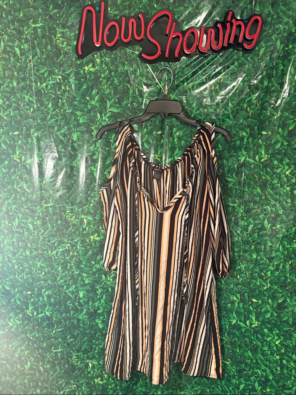 Rue21 Black, Cream & Tan Striped Cold-Shoulder Dress